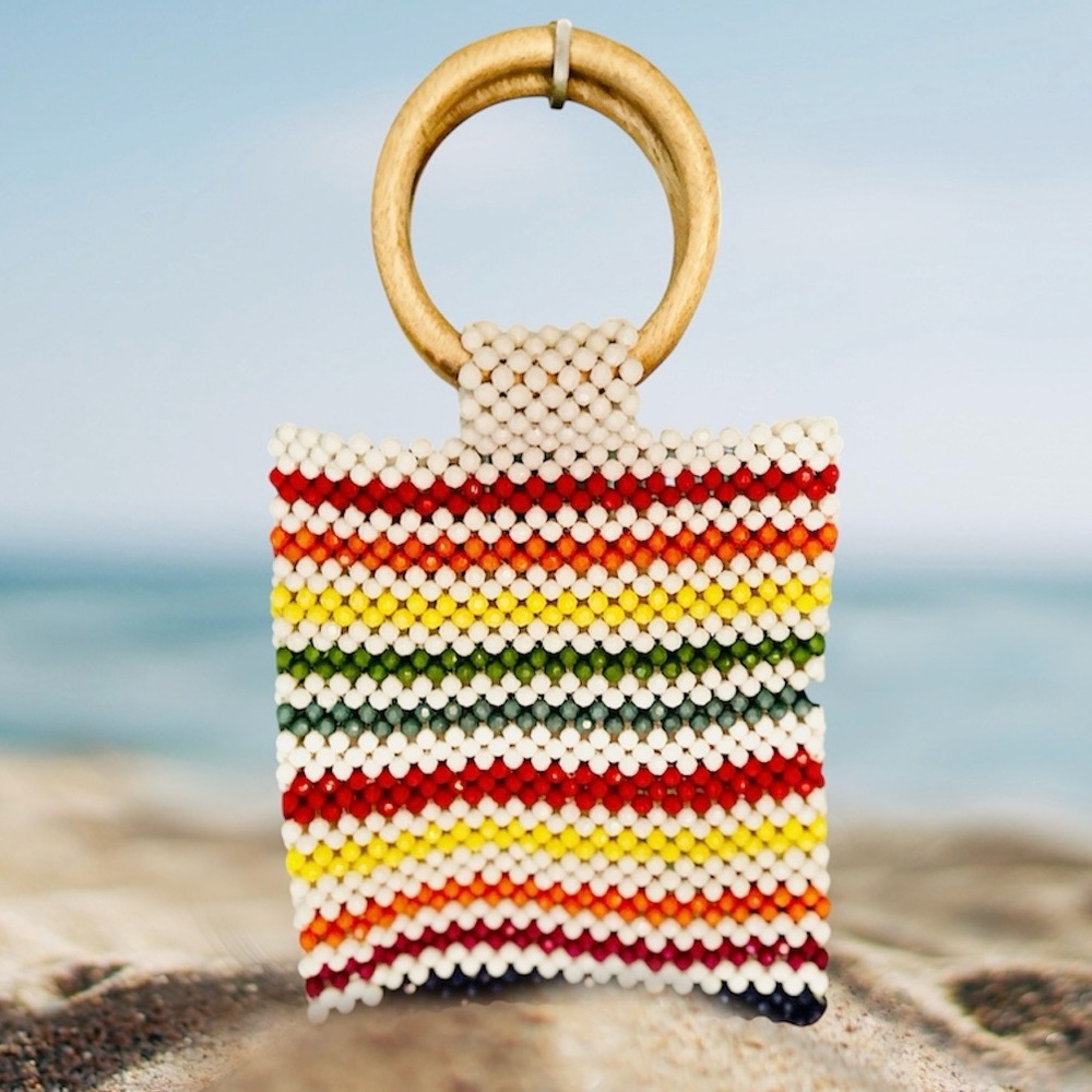 LuLu Handcrafted w/ Acrylic Colorful Bead Mini 8”x 9” Bag with Wooden Handle nwt